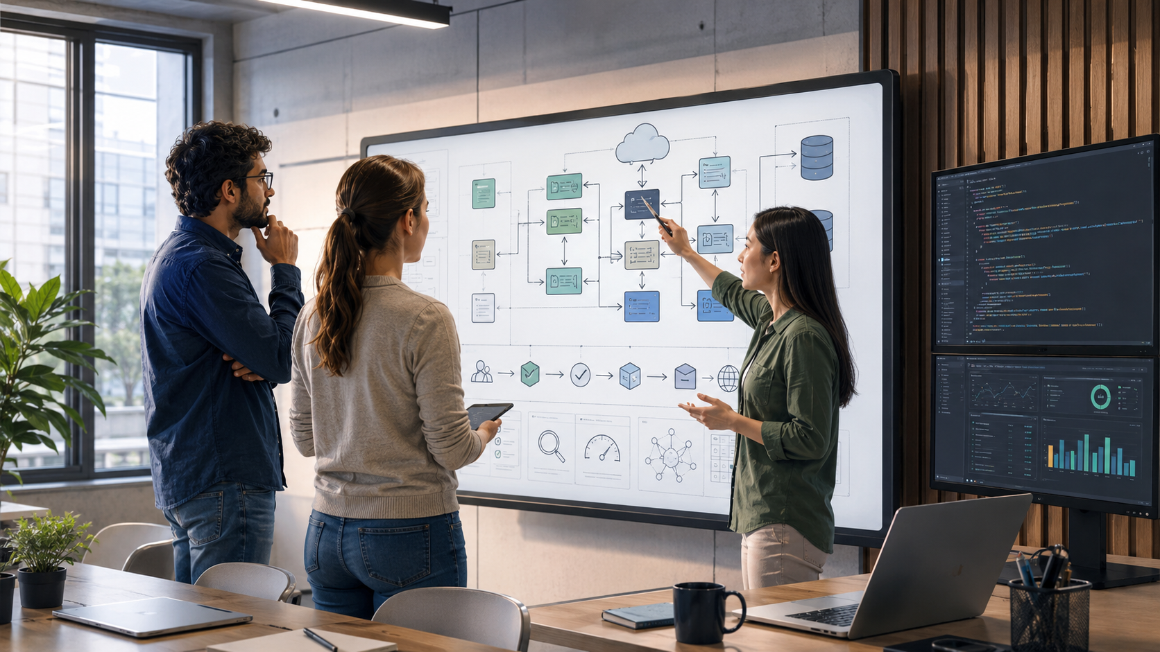 Software engineering team discussing a system architecture diagram while code appears on nearby screens